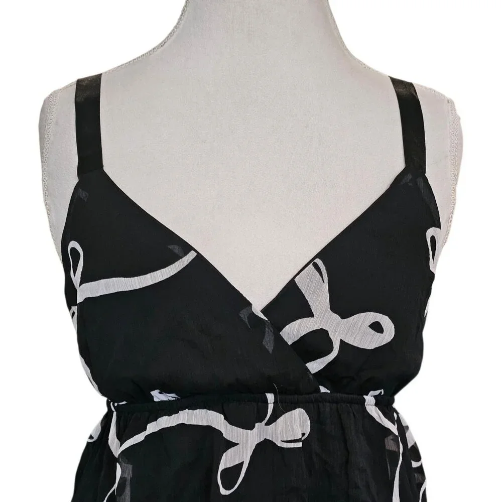 Y2K Womens Babydoll Dress‎ Black Bow Print Tiered Ruffles Sz M L Retro Coquette